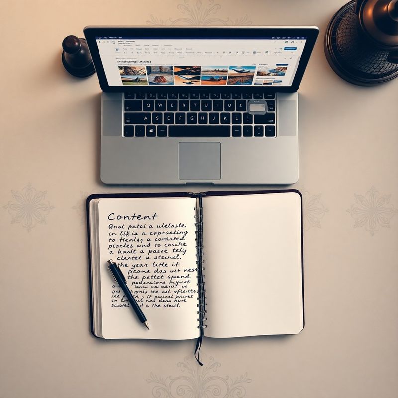 Otvorený zápisník s obsahovým plánom a notebook s CMS editorom