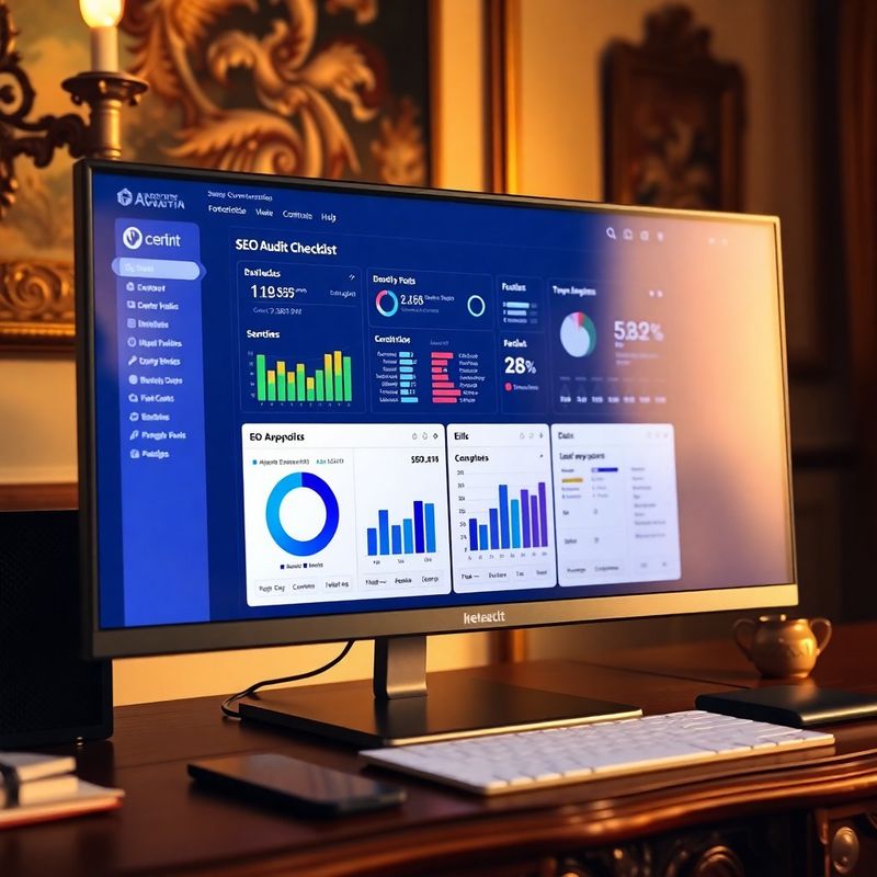 Monitor s auditným dashboardom v indigovom motíve