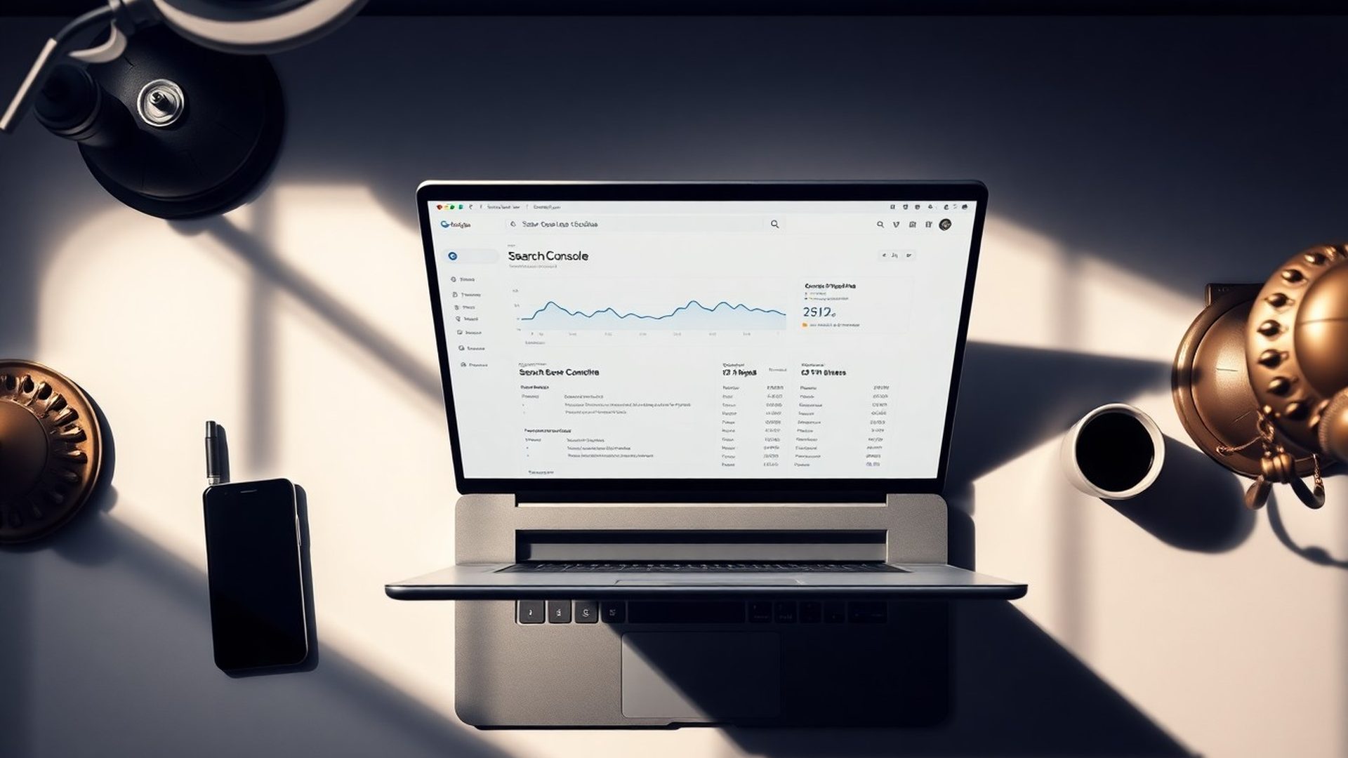 Notebook s otvoreným Google Search Console na pracovnom stole